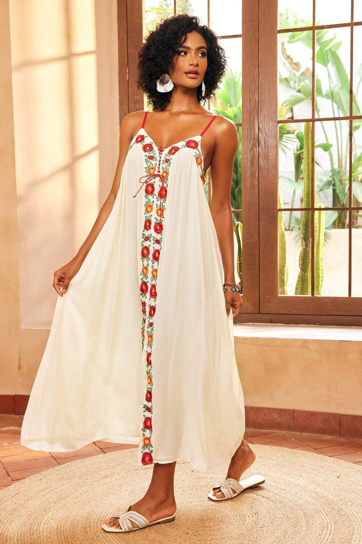 Mila - Maxi jurk met V-hals en bloemenborduursel