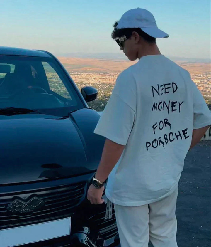 Marlon - Heren Vintage 'Geld nodig voor Porsche' Katoenen T-shirt