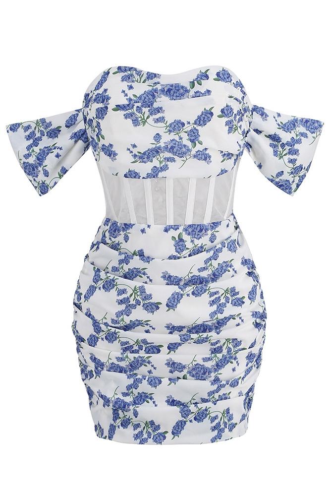 Off-the-shoulder mini jurk met rozenprint en korset