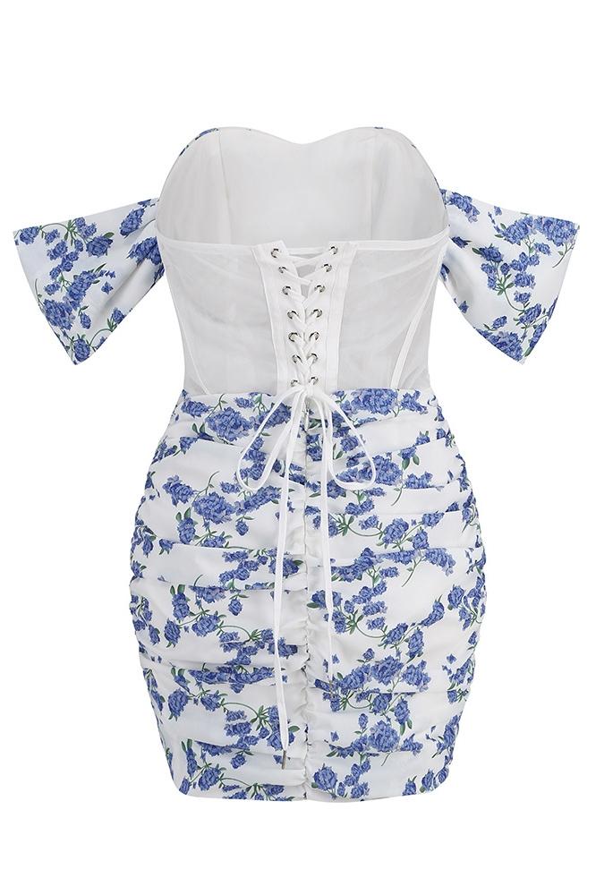 Off-the-shoulder mini jurk met rozenprint en korset