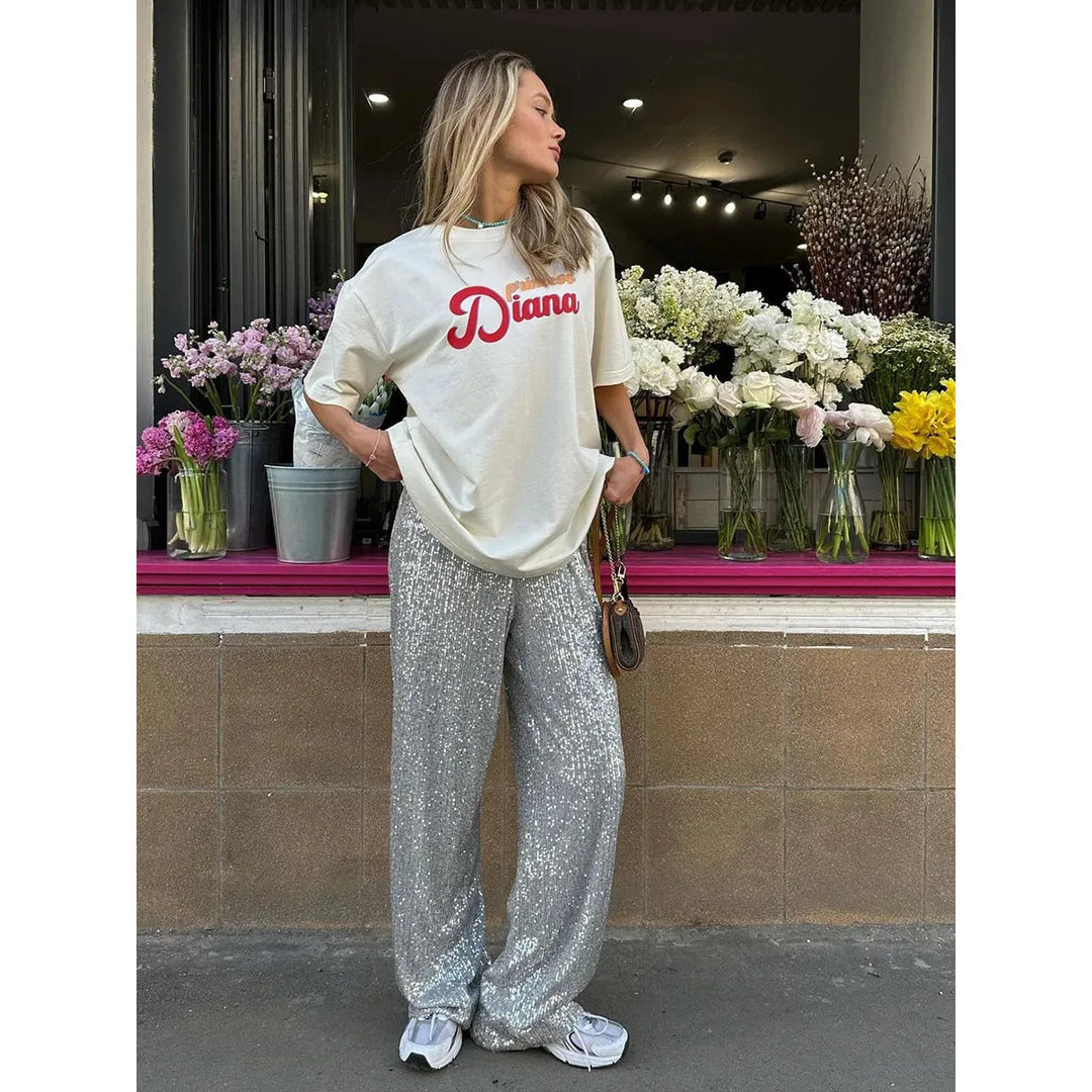 Pailletten broek voor dames - hoge taille, los model