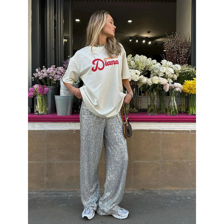 Pailletten broek voor dames - hoge taille, los model