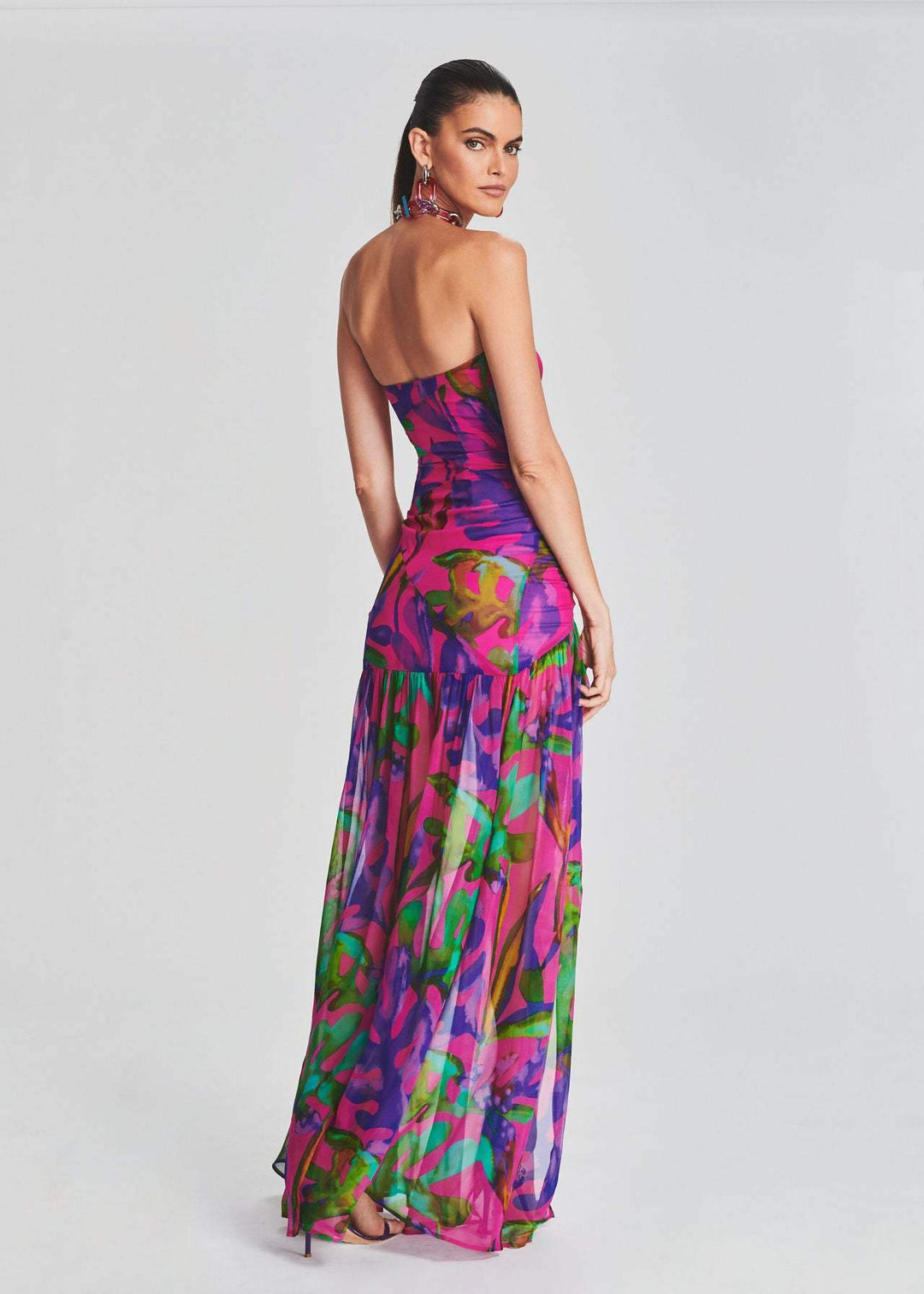 Luciana - Bedrukte strapless maxi-jurk met split