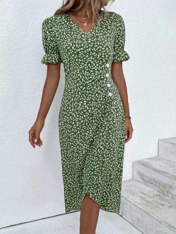 Blaire - Midi-jurk met korte mouwen, groene bloemenprint en knoopsluiting