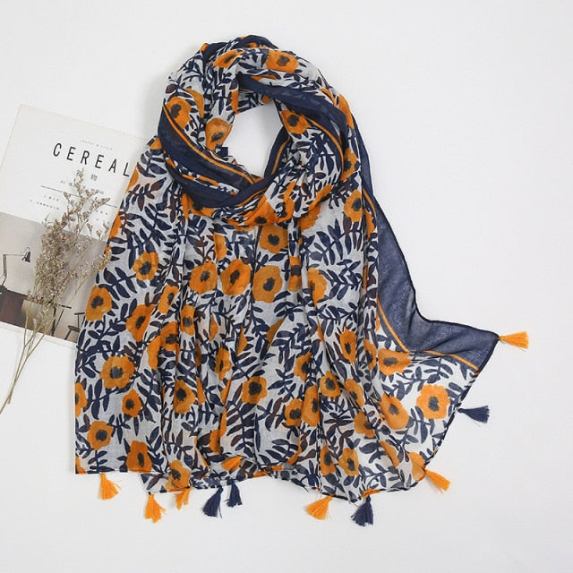 Pashmina sjaal met bloemenkwastjes