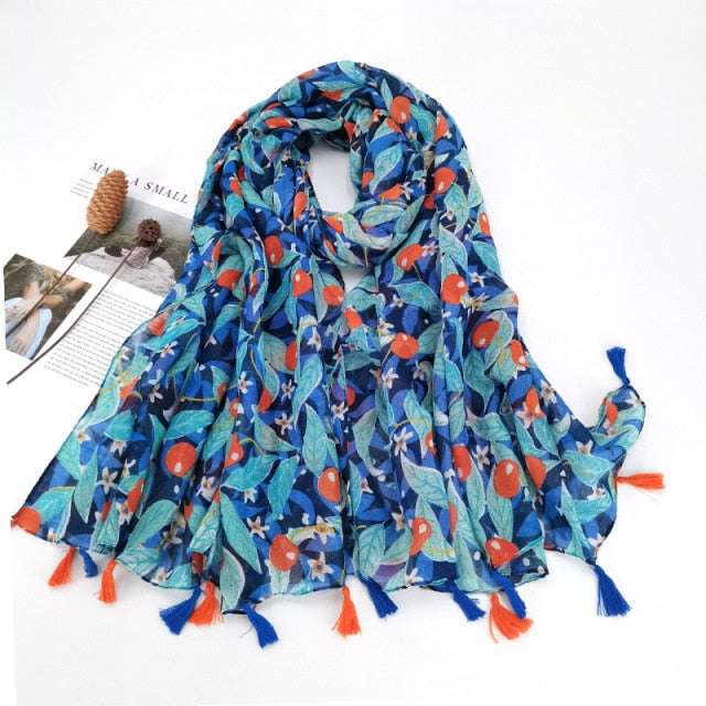 Pashmina sjaal met bloemenkwastjes