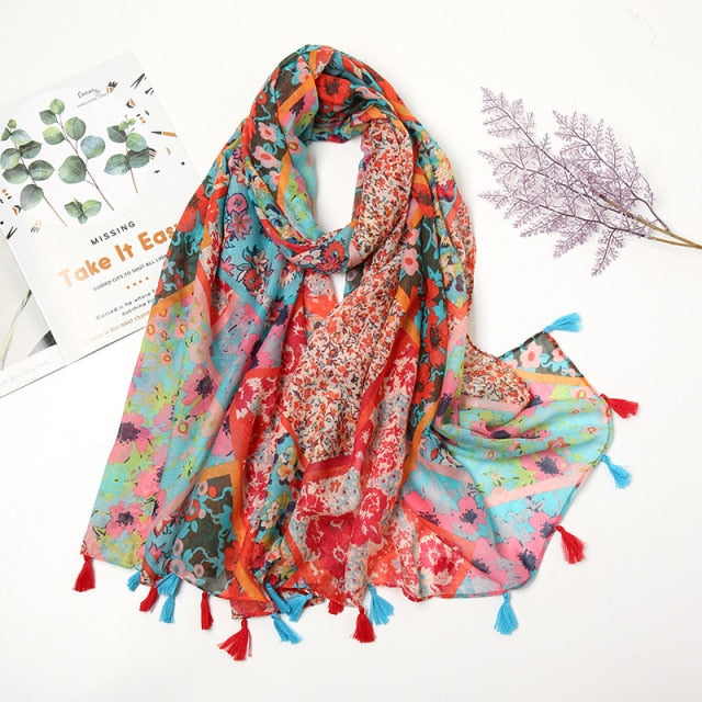 Pashmina sjaal met bloemenkwastjes