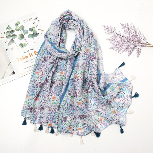 Pashmina sjaal met bloemenkwastjes