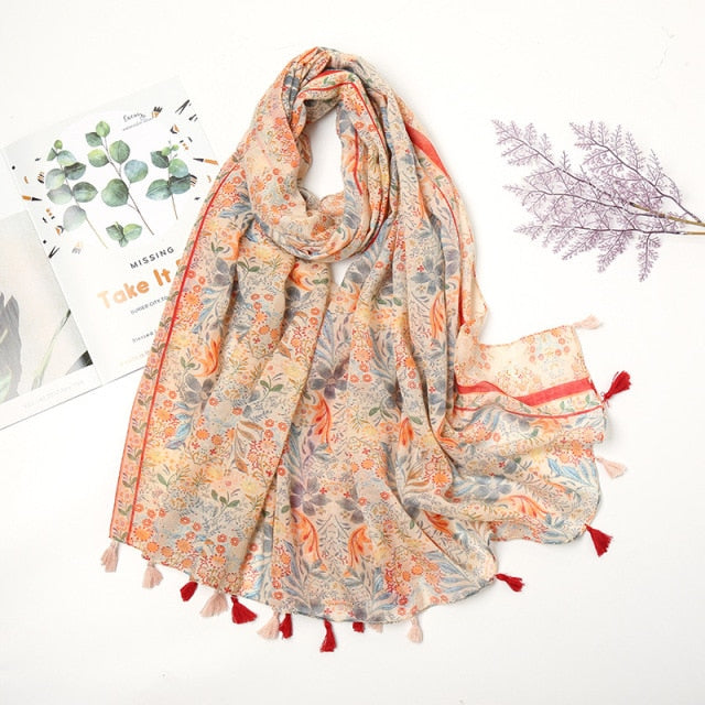 Pashmina sjaal met bloemenkwastjes