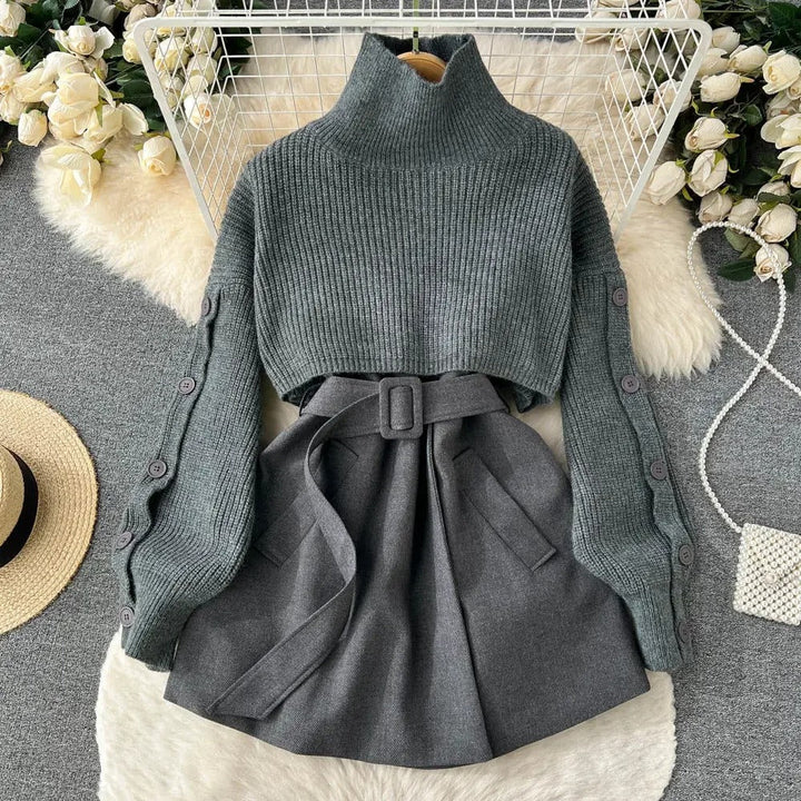 Tweedelig pak met korte gebreide rok en gilet, elegant en veelzijdig, perfect voor een eigentijdse en vrouwelijke look