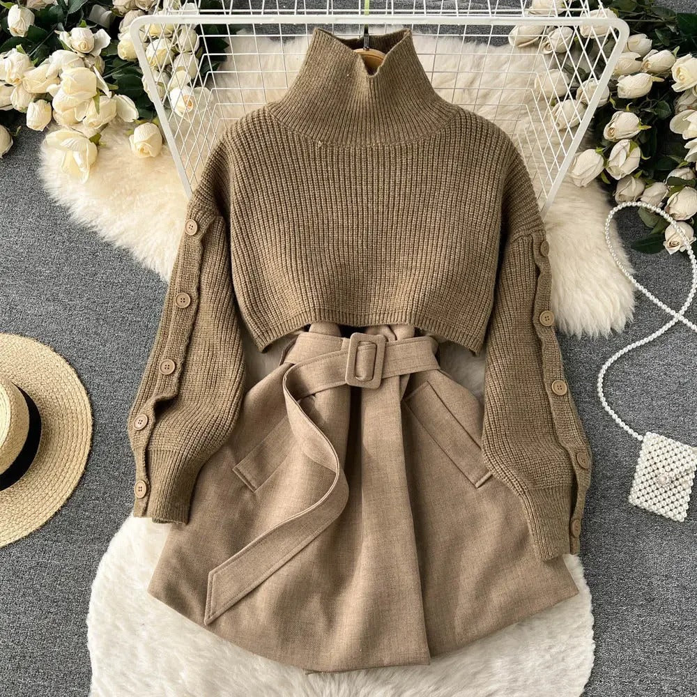Tweedelig pak met korte gebreide rok en gilet, elegant en veelzijdig, perfect voor een eigentijdse en vrouwelijke look