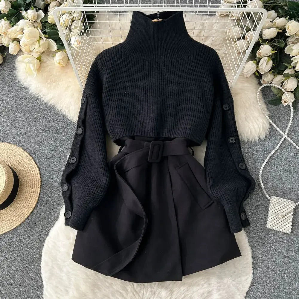 Tweedelig pak met korte gebreide rok en gilet, elegant en veelzijdig, perfect voor een eigentijdse en vrouwelijke look