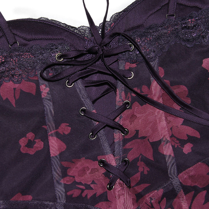 Daphne - Vintage Maxi jurk met bloemenprint en gaaspanelen op de rug
