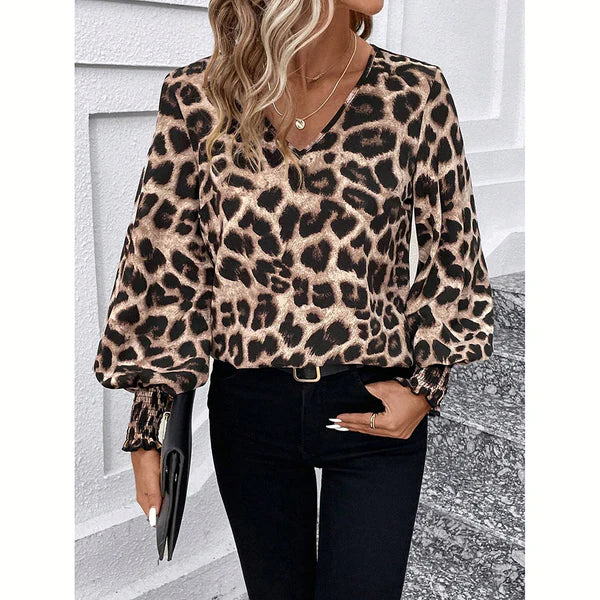 Mandy - Damesblouse met lange mouwen, slanke pasvorm en luipaardprint